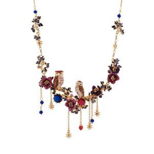 Les Nereides Eagle Owl With Faceted Crystals, Leaves & Flowers Necklace
